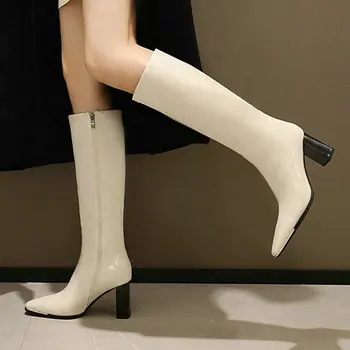 Дамски ботуши до коляното от лачена изкуствена кожа, дамски обувки джоб с квадратни пръсти, черни, бели зимни обувки 2020 г., женски ботуши на дебел висок ток