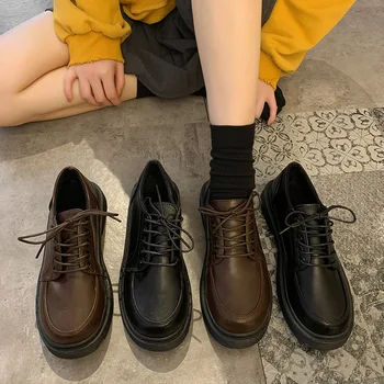 Дамски ежедневни обувки за студенти в британски стил интериор в стил ретро, 2020 г., пролет-есен, нови обувки от цялата кожа, дамски oxfords нисък квадратен ток с шнур