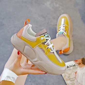 Дамски маратонки, луксозни дизайнерски кожени модни ежедневни обувки на платформа, марка 2023, пролетен дамски жълти обувки, дамски обувки на плоска подметка