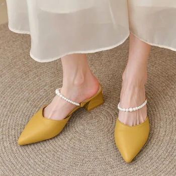 Дамски обувки 2023 г. сандали Дамски летни офис обувки-лодка с високи токчета за Дамски сандали със затворени пръсти от мъниста Женски Zapatos De Mujer
