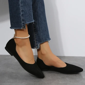 Дамски обувки на плоска подметка с леопардовым принтом, дамски ежедневни обувки с остри пръсти, пролет-лято, черна модни дамски обувки на равна подметка, без закопчалка, голям Размер43