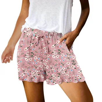 Дамски улични къси панталони с еластичен ластик на кръста, Хем с волани, ежедневни панталони, летни шорти с флорални принтом, Удобни панталони дантела с джобове