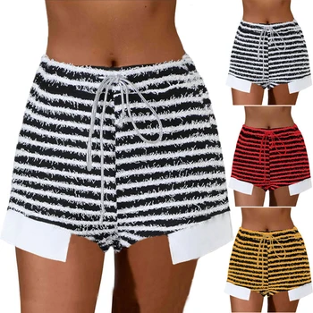 Дамски шарени къси панталони в стил ретро, модерни плетени шорти с завязками с висока талия, летни, плажни, спортни ежедневни панталони в черно-бяла ивица 2023 лято