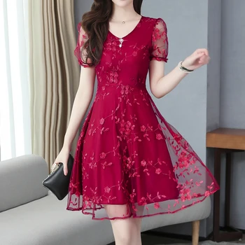 Дантелено лятна рокля, женски нова елегантна вечерна рокля с къс ръкав и цветен модел, женски червени, Черни рокли, дамски халат