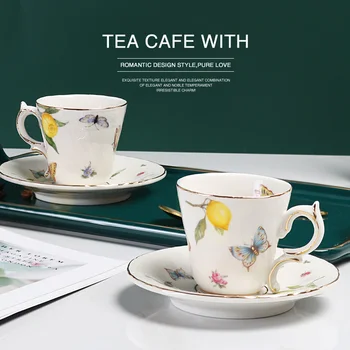 Европейският керамични набор от кафе чаши и блюдец с лимонена папийонка и лъжици, британски следобеден чай с малък капацитет 100 мл