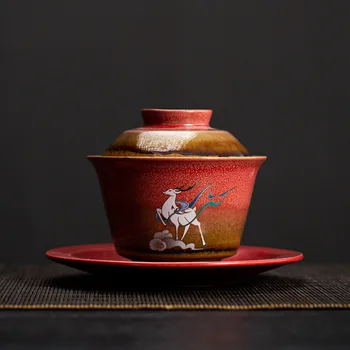 Елен Гайвань за приготвяне на Керамични супа от супник с капак Чай и прибори Китайската червена чаена чаша Chawan Лили Deng's store