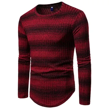 Есенно-зимен мъжки пуловер на райета, приталенные възли пуловер с кръгло деколте и дебели дълъг ръкав, мъжки риза с еластична дъното