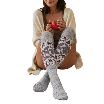 Жена Вязаный Чорапи, Дамски Чорапогащи до Коляното с Флорални Принтом, Дълги Чорапи-Тръбички за Есен-Зима, Сив