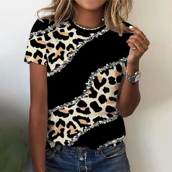 Женска тениска с леопардовым принтом, модни раирана тениска с къс ръкав, улични ежедневни сексуални върхове, летни дрехи за зрели жени, тениски