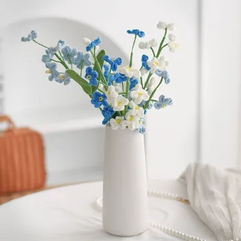 Изкуствен Букет от ръчно плетени Myosotis, изкуствени цветя за ваза, за декорация за дома за маса, украса за Св. Валентин, цветя договореност, подарък