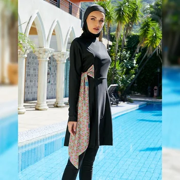Ислямски мюсюлмански дамски бански с дълъг ръкав, буркини с пълно покритие, костюми от 3 теми, дълги блузи, панталони, шапка, скромно облекло за плуване