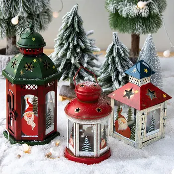 Коледен ретро-железния свещник, ръчно рисувани, преносим вятърна Лампа, Начало Декор, Ветрозащитный свещник, Коледни подаръци, метално занаят