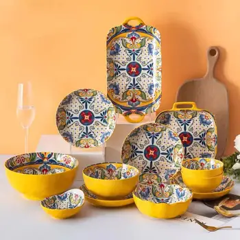 Комбиниран комплект керамични съдове за готвене в бохемски стил, Висококачествени Домакински Керамична Купа за ориз, чиния за зеленчуци, Купа за спагети