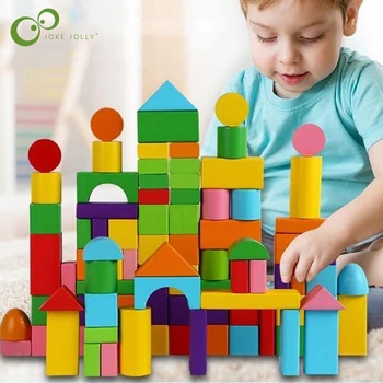 Комплект дървени строителни блокове с чанта за съхранение, дървени играчки за деца, събрани строителни блокове, ранни забавни играчки за деца