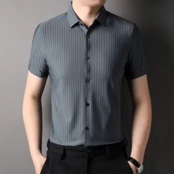 Коприна тутового на цвят, мъжки лятна офис официалната риза на райета, меки маркови блузи на висококачествени, ежедневни лятна ежедневни мъжки облекла от текстилни материали