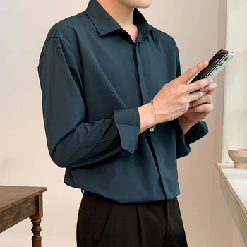 Корейски модни нови драповые ризи за мъже, монофонични коприна лед с дълъг ръкав, елегантни и ежедневни удобна риза с копчета