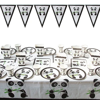 Красива покривка с соломинками под формата на панда, еднократни прибори за хранене, чинии, балон с пандой, кутия за пуканки, чаша, флаг за парти в чест на рождения Ден на Панди