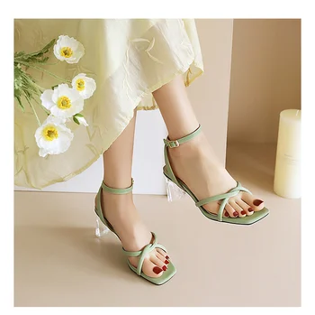 Летни нови стилни модни прости, прозрачни дамски сандали на висок ток с отворени пръсти, плажна дамски обувки с височина 6,5 см, големи размери 34-43