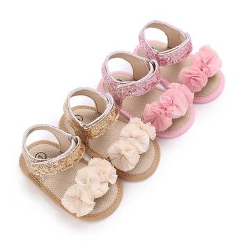 Летни обувки на равна подметка за новородени момичета, Нови лъскави кожени сандали с пайети, мека подметка, нескользящий ток, устойчиви обувки за ходене