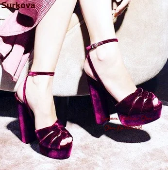 Лилаво-червено кадифе сандали Surkova с възел пеперуди, луксозни сватбени обувки на платформа и масивен ток, вечерни обувки-лодка на блок ток Размер46