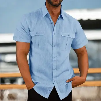 Лятна риза, мъжки дишащи памучни и ленени ризи с къси ръкави, хавайски мек свободен топ с яка-часова, мъжка блуза