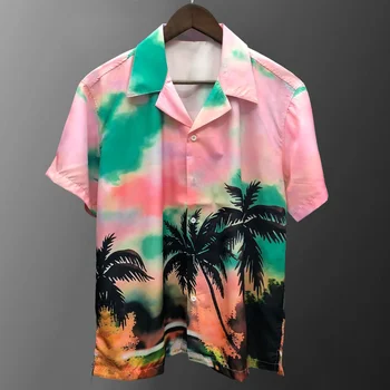 Лятна риза с принтом кокосовата палма 2023, Модни Хавай, мъжки ревера с къс ръкав, Удобно мъжко облекло