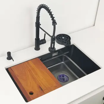 Матово черна кухненска мивка над монтиране на стена или под, Нано-мивка за миене на съдове с дъска за бяла дъска, миене на чаши, мивки от неръждаема стомана 304