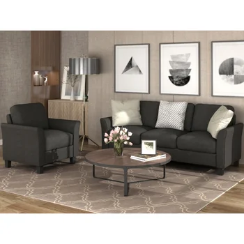 Мебели за хола, стол и 3-местен диван (black) Черен Плат [в наличност в САЩ]