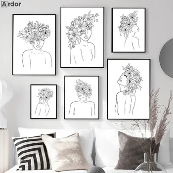 Минималистичен цвете женски арт, черно-Бели щампи, Абстрактен плакат и принт, Дамски Картина върху платно, Стенни художествена Картина, Домашен Декор
