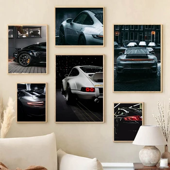 Модерен спортен автомобил, живопис върху платно, модерен уличен плакат с луксозен автомобил, стенно изкуство, черно-бели снимки, Декорация на дома, хол