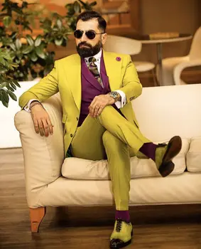 Модни жълти мъжки костюми с жилетка в лилаво, Костюм Homme Slim Fit, смокинг за сватба, блейзър Terno Masculino, комплект от 3 теми