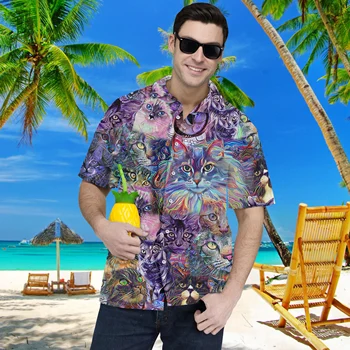 Модни хавайски мъжка риза в стил мозайка с принтом животно на котка, на хладно градинска дрехи с отложным яка и къс ръкав, плажни летни блузи, директен доставка