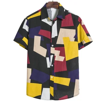 Мъжка лятна плажна ежедневни риза с геометричен принтом, цветен топ в стил мозайка, модни покупки и пътувания