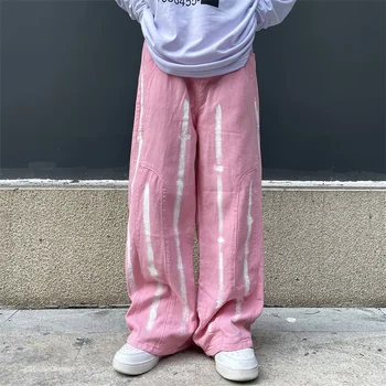 Мъжки дънки дамски Ежедневни преки Свободни градинска облекло в стил хип-хоп дънкови панталони Готини ретро розови панталони на Широки прави дънки Панталони, Унисекс