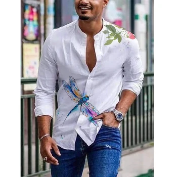 Мъжки ризи, пролет-лято, реколта бельо риза с дълги ръкави и имитация на копчета, Свободна риза за мъжете, ежедневни облекла голям размер