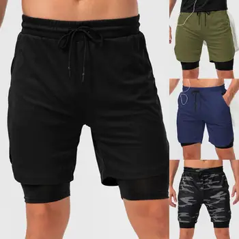 Мъжки спортни къси панталони разтеглив фалшиви двуслойни шорти за бягане от две части Дишащи бързо съхнещи шорти за тренировки за фитнес