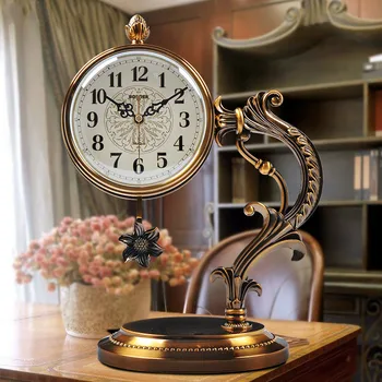 Настолни часовници в европейски стил, декорация за всекидневната, леки луксозни метални часовници с мед покритие, големи настолни часовници с махало