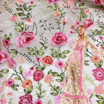 Нов Продукт, бродирана кърпа от розова мрежа, есен вечерна рокля от растителна дантелен плат, дрехи от дантела плат 