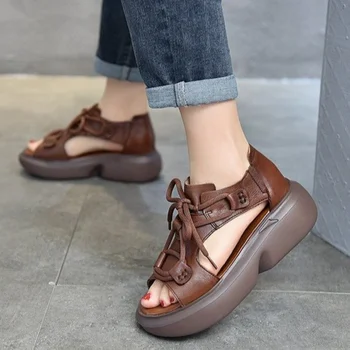 Нови дамски сандали от естествена кожа, дамски обувки ръчна изработка, летни дамски сандали в ретро стил на дебела подметка, кожени сандали-гладиатори