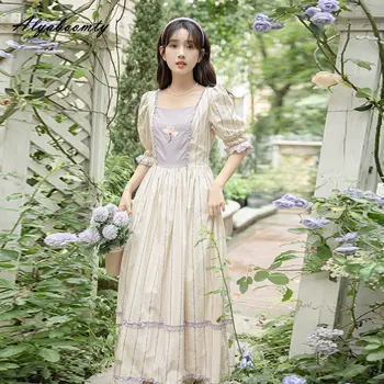 Ново Лятно дамско Принцеса рокля в стил Лолита Mori Момиче с Квадратна яка, Абрикосово-Лилава рокличка, Рокля с бродерия на цветя и накъдрен