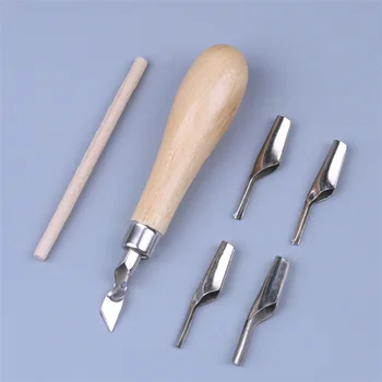 Нож за дърворезбата в формата на маслената живопис, Набор от инструменти за гравиране, набор от инструменти за резба по дърворезба с 5 остриета, дървена дръжка