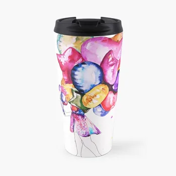 Оригинален акварел дизайн: Момиче с балони, кафеена чаша за пътуване, Кафе еспресо, Добра чай и прибори