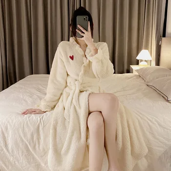Пижама в корейски стил, дамска нощница, дамска есенно-зимна секси дълга пижама от коралов руно, дебели халат за баня, домашни дрехи