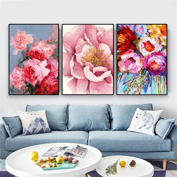Плакат с абстрактно цветен модел с маслени бои, щампи с розови цветя, монтиране на изкуството, платно, живопис, ботаническата декора в хола