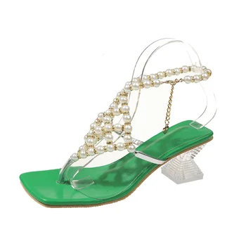 Прозрачни кристални супер красиви сандали на дебел ток с квадратни пръсти, дамски летни плажни сандали с перли в римски стил