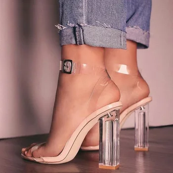 Прозрачни токчета, сандали жени PVC прозрачни токчета летни обувки жена Sandalias страна велур с джапанки на глезена лято женски 2022 сандали