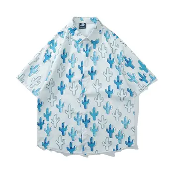 Риза с къс ръкав в гонконгском стил с шарките на кактус, мъжки и дамски плажна риза за почивка