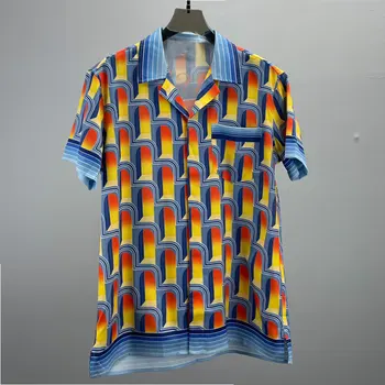 Риза с къс ръкав и контрастни принтом с абстрактно надписи, празнична ежедневното рокля, блуза, хавайски ризи, облегающая домашна риза
