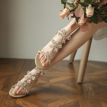 Римски сандали с кристали, папийонка, дамски летни сандали с джапанки Фея Wind, дебели, с кристали, с високи токчета, високо качество, голям размер на 40