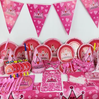 Розовата тема покривка под формата на короната на принцеса, Банер, Хартиени чинии, Украса за рожден Ден момичета, Аксесоари за партита, Набор от прибори за еднократна употреба